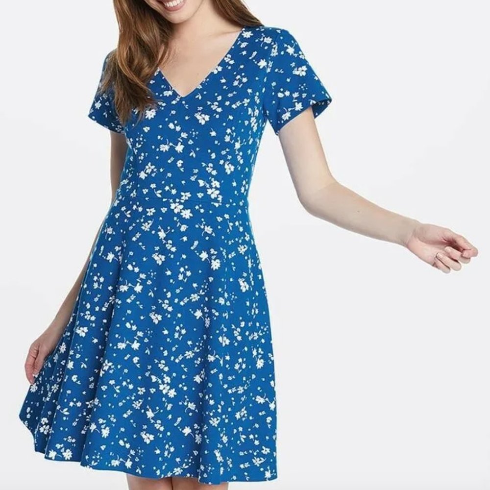 NWT Draper James Floral V-Neck Ponte Love Circle Dress Graceland Blue Size XS